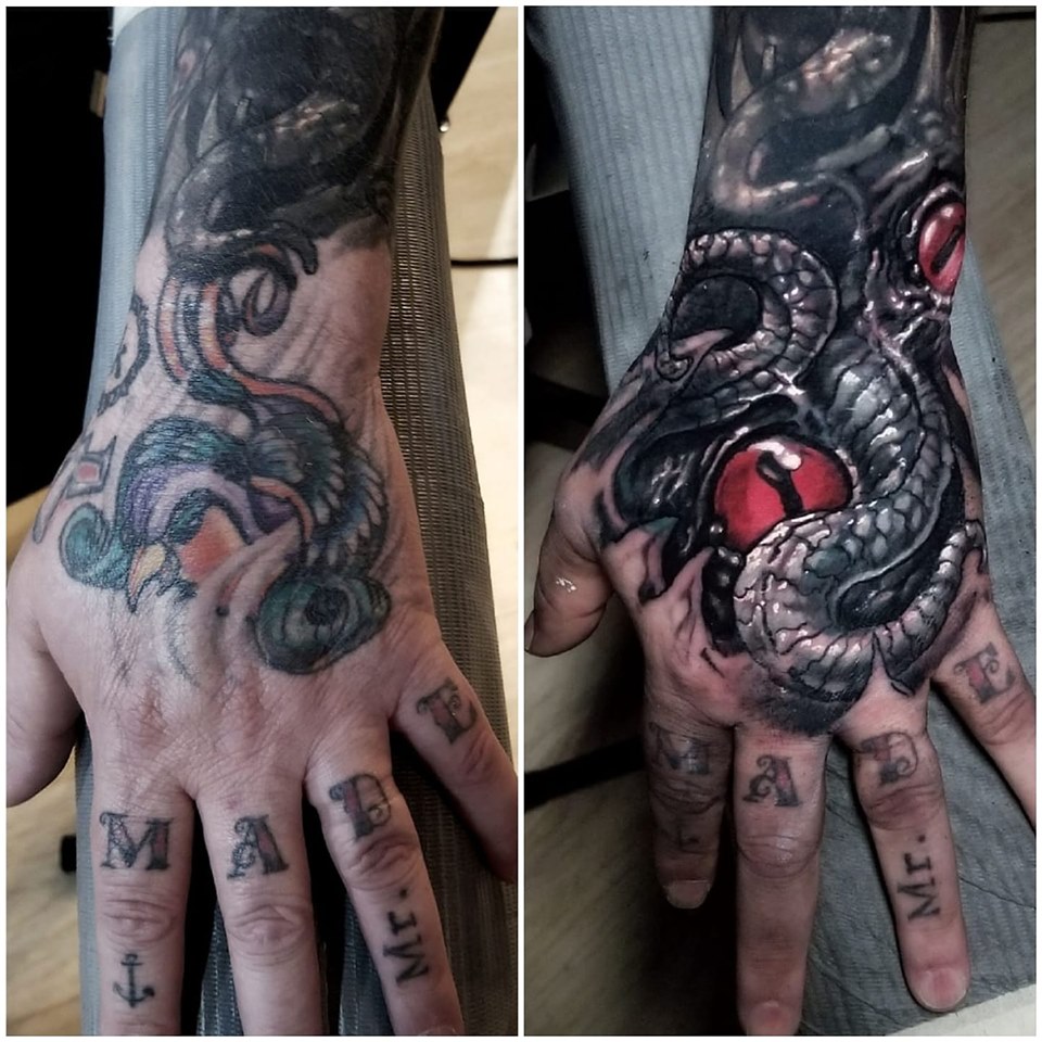 Eyes and Tentacles Cover-Up on Hand (Use of Red)