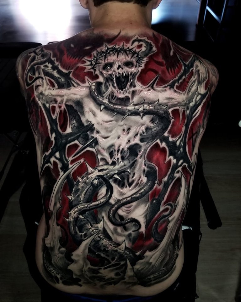 Full Back Piece Cover-Up (Use of Red)