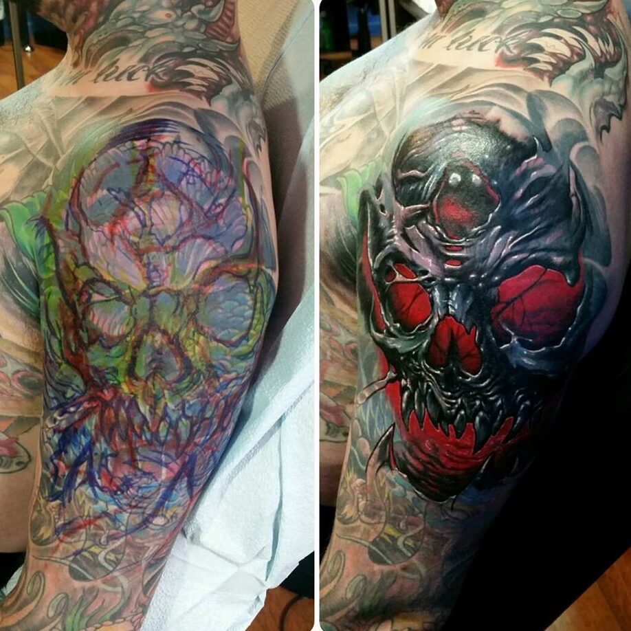 Freehand & Result Skull Cover-Up (Use of Red)